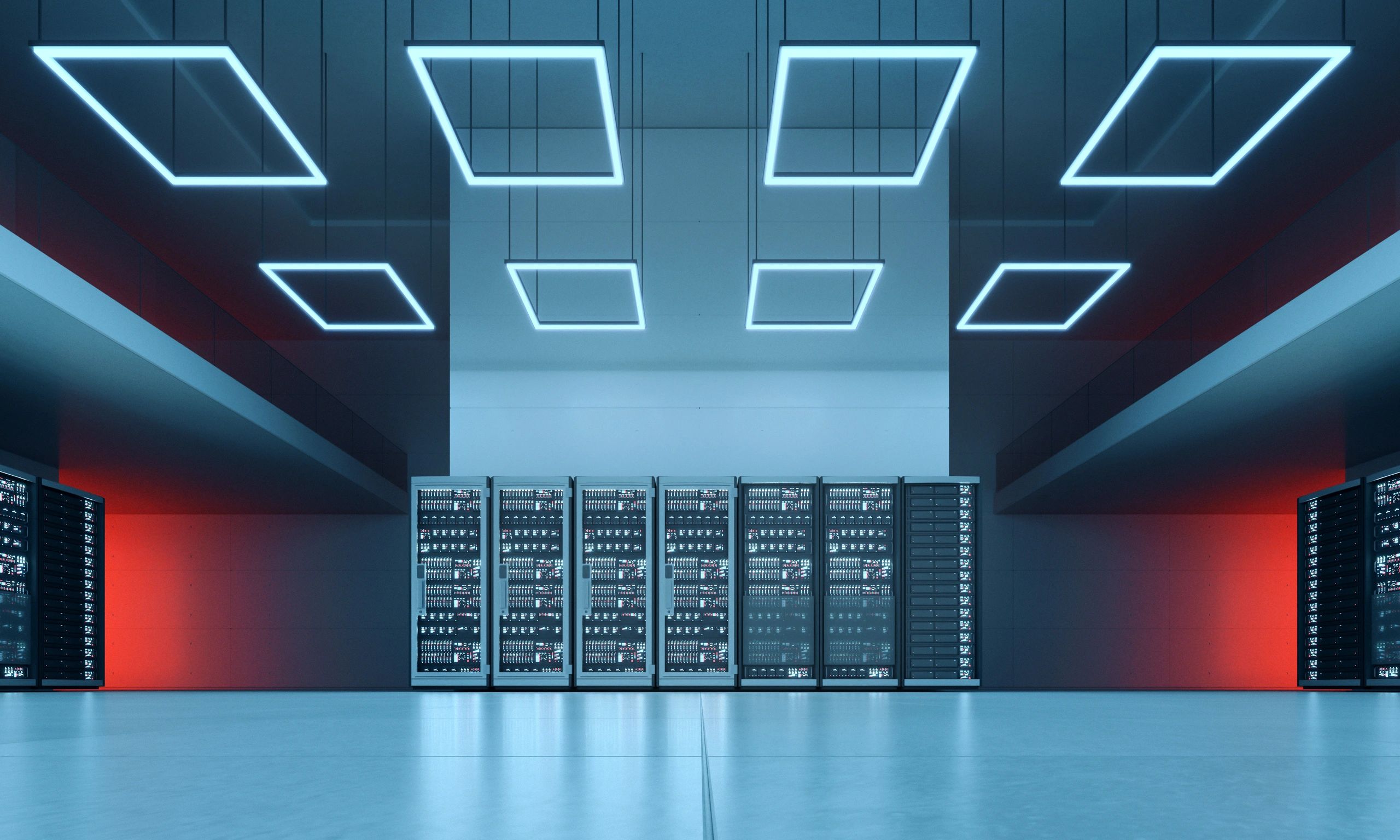 Modern data center servers with blue lighting